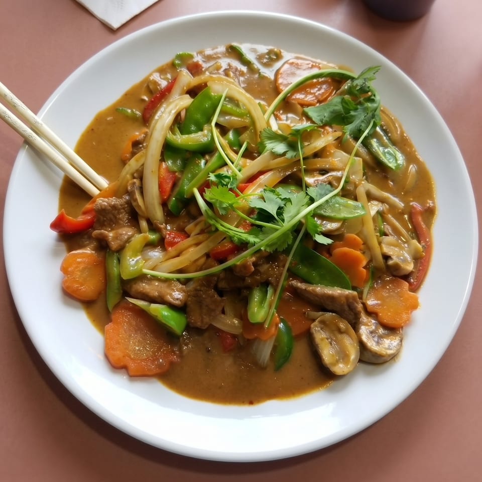A white plate of beef curry with carrots, bell peppers, onions, mushrooms, and cilantro, with chopsticks.