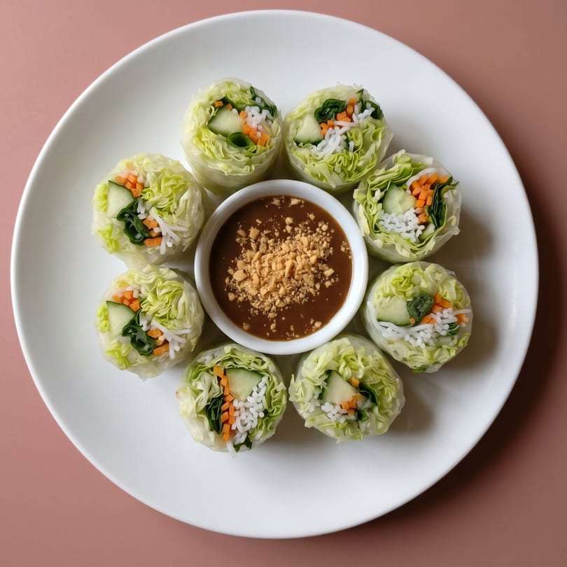 Eight fresh spring rolls with lettuce, carrots, and cucumber, surrounding a peanut dipping sauce.
