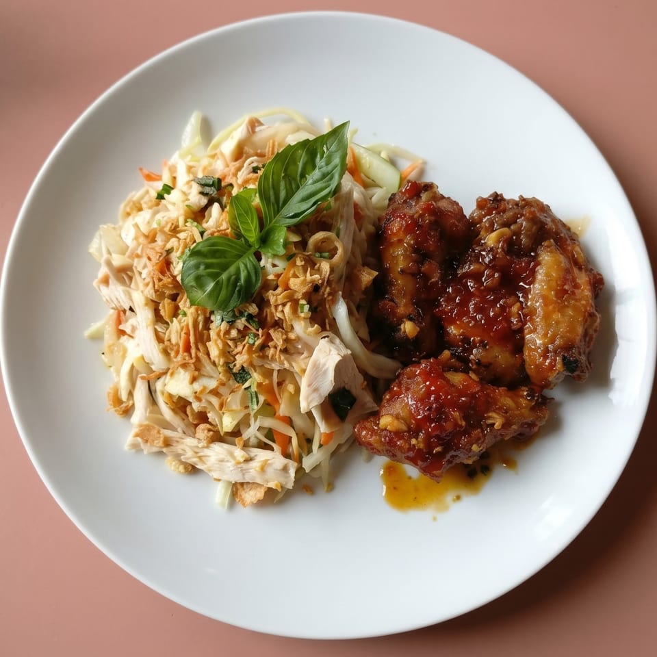 A white plate with glazed chicken wings and a shredded chicken salad with basil.