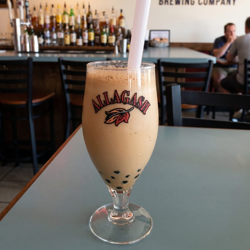 Allagash branded glass of frothy boba tea with a straw on a table in a bar.