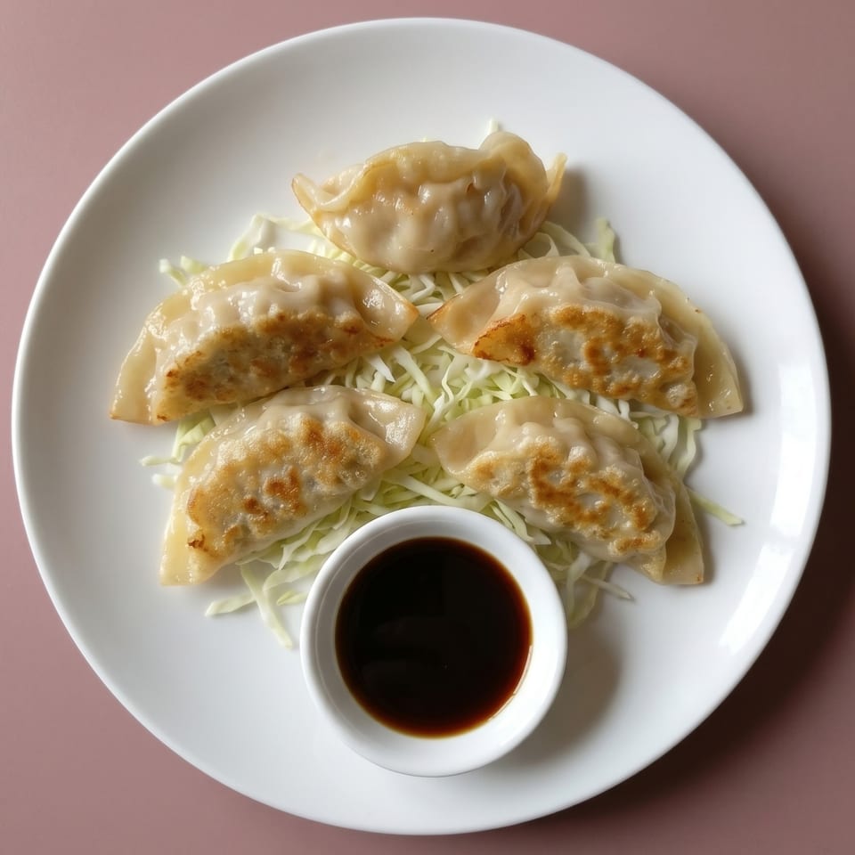 Five pan-fried dumplings with crispy bottoms, served on shredded cabbage with a side of soy sauce.