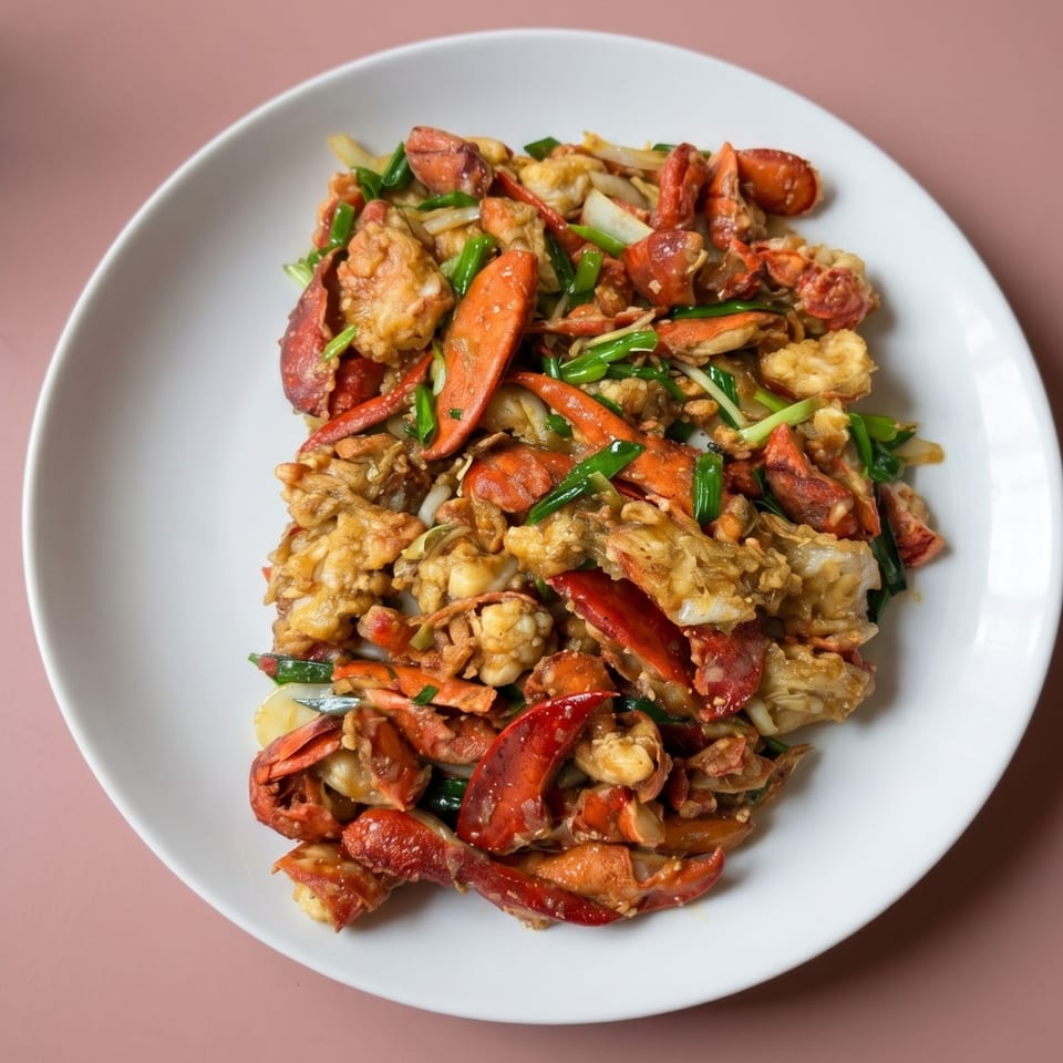 Stir-fried lobster with ginger, scallions, and onions on a white oval plate.